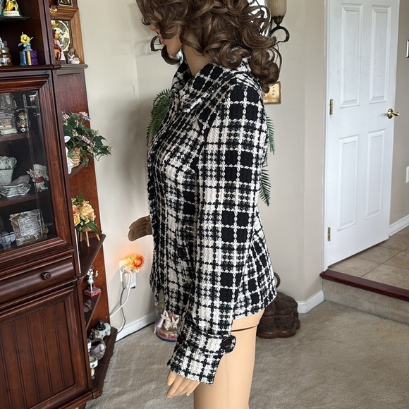 JOU JOU Lux Black & White Tweed Wool Blend Cropped Pea Coat Button Up Jacket - Picture 5 of 16